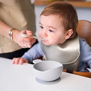 Nana's Manners Silver Silicone Suction Bowl Stage 1 for Babies Ages 4 Months and up. Features Scoop Lip Handle and Suction pad with Pull-tab for Easy Removal. BPA-Free. - stage one suction bowl