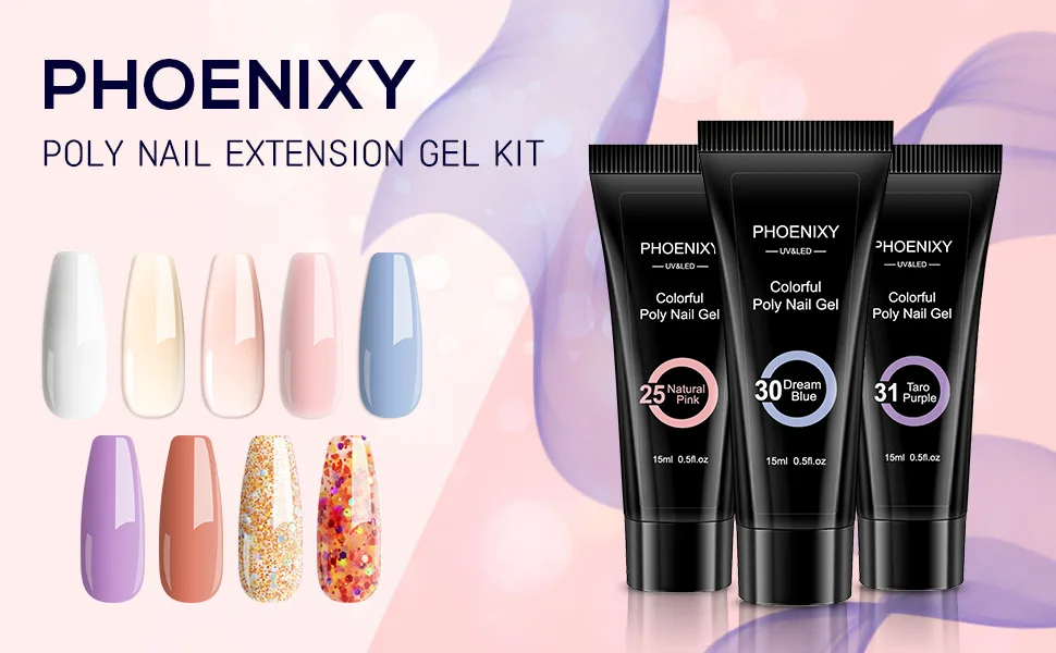 Poly Nail Gel Kit Phoenixy 9PCS Poly Nail Extension Gel Set 15ml Builder Enhancement Starter Kit with Slip Solution Basic Manicure Tools Gifts for Women 18 Effect Pale blue and clear peach series - poly nail gel kit