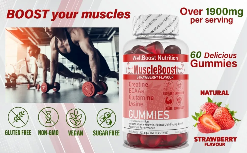 Muscle Boost - Recovery Creatine BCAA Glutamine Lysine Chewable Gummies for Men & Women - 60 Gummies - 1900mg Active per Serving - Natural Strawberry Flavour Suitable for Vegans - MuscleBoost