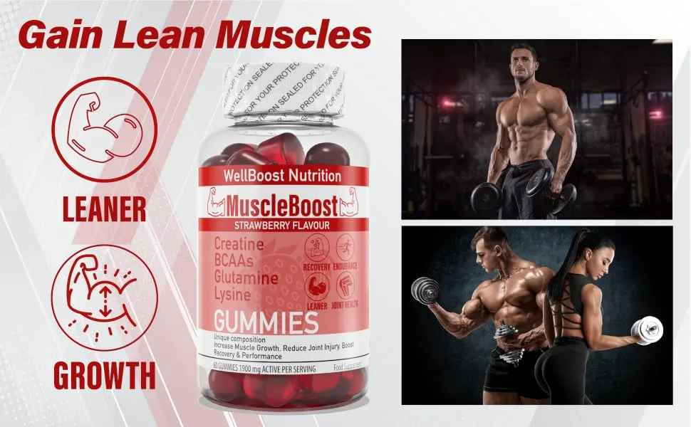 Muscle Boost - Recovery Creatine BCAA Glutamine Lysine Chewable Gummies for Men & Women - 60 Gummies - 1900mg Active per Serving - Natural Strawberry Flavour Suitable for Vegans - MuscleBoost