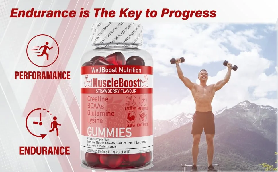 Muscle Boost - Recovery Creatine BCAA Glutamine Lysine Chewable Gummies for Men & Women - 60 Gummies - 1900mg Active per Serving - Natural Strawberry Flavour Suitable for Vegans - MuscleBoost