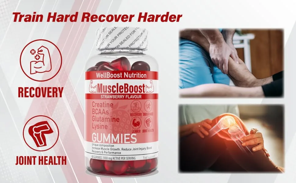 Muscle Boost - Recovery Creatine BCAA Glutamine Lysine Chewable Gummies for Men & Women - 60 Gummies - 1900mg Active per Serving - Natural Strawberry Flavour Suitable for Vegans - MuscleBoost