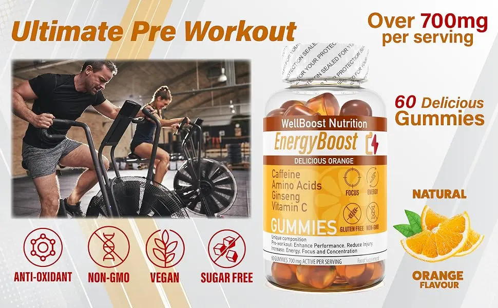 Energy Boost - Pre Workout Caffeine Ginseng VIT C L-Carnitine Beta-Alanine Chewable Gummies for Men & Women - 60 Gummies - Orange Flavour Suitable for Vegans - EnergyBoost