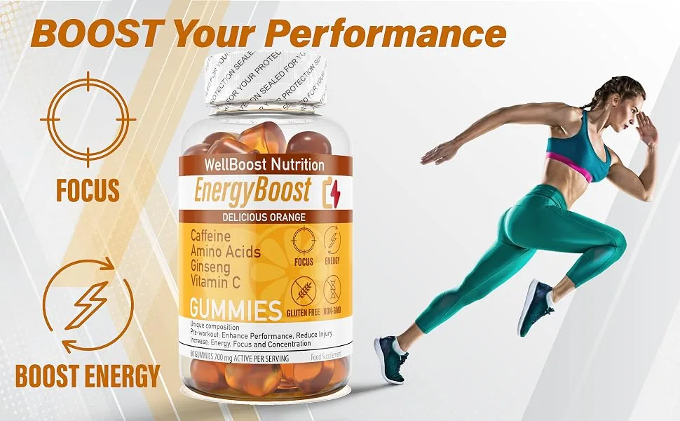 Energy Boost - Pre Workout Caffeine Ginseng VIT C L-Carnitine Beta-Alanine Chewable Gummies for Men & Women - 60 Gummies - Orange Flavour Suitable for Vegans - EnergyBoost