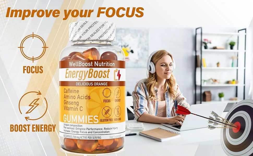 Energy Boost - Pre Workout Caffeine Ginseng VIT C L-Carnitine Beta-Alanine Chewable Gummies for Men & Women - 60 Gummies - Orange Flavour Suitable for Vegans - EnergyBoost