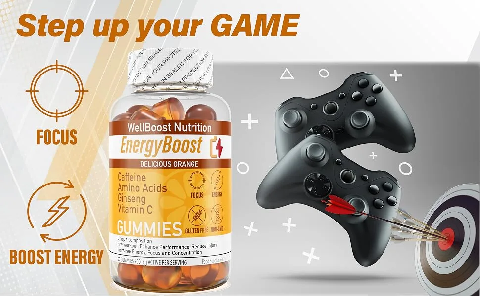 Energy Boost - Pre Workout Caffeine Ginseng VIT C L-Carnitine Beta-Alanine Chewable Gummies for Men & Women - 60 Gummies - Orange Flavour Suitable for Vegans - EnergyBoost