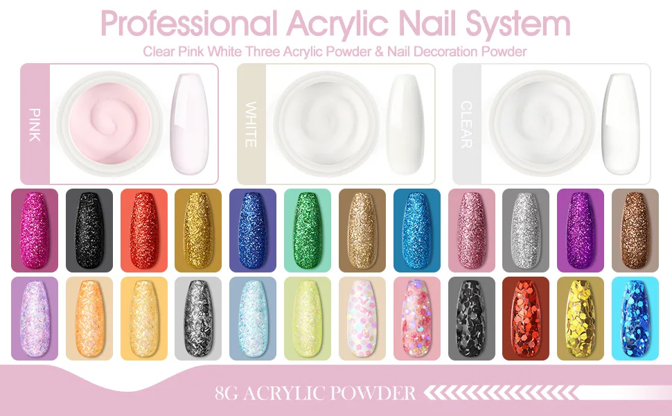 PEACECOLOR Acrylic Nail Kit for Beginner 24pcs Glitter Acrlic Powder and Liquid Set with U V Light Nail Art False Nail Tips Decoration Tools Manicure Set PB0050 - colors
