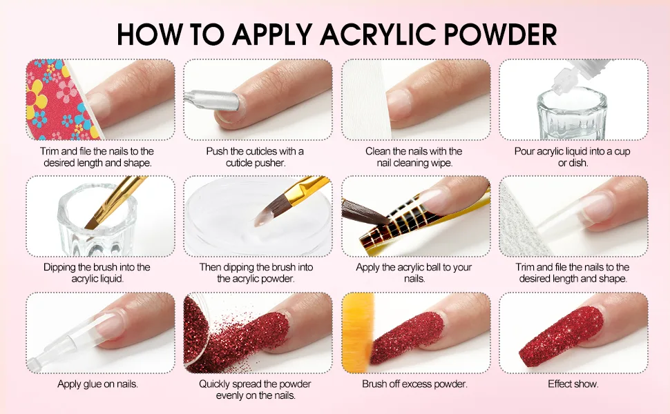 PEACECOLOR Acrylic Nail Kit for Beginner 24pcs Glitter Acrlic Powder and Liquid Set with U V Light Nail Art False Nail Tips Decoration Tools Manicure Set PB0050 - product information 22