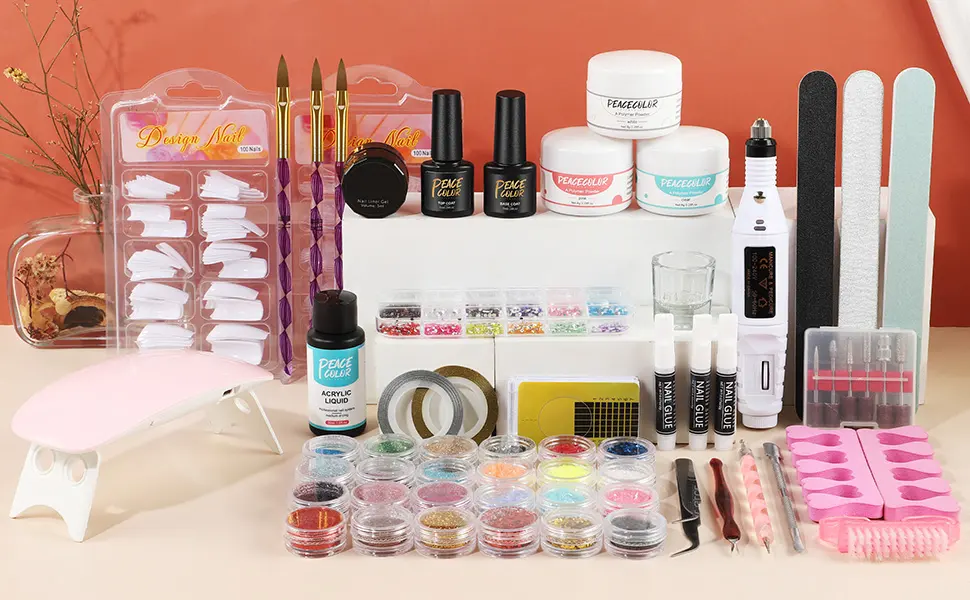PEACECOLOR Acrylic Nail Kit for Beginner 24pcs Glitter Acrlic Powder and Liquid Set with U V Light Nail Art False Nail Tips Decoration Tools Manicure Set PB0050 - peacecolor