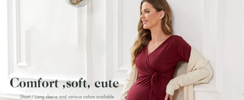 Love2Mi Women Maternity Breastfeeding Tops Long Sleeve V-Neck Cute Maternity Clothes S Dark Pink-long - UKT006