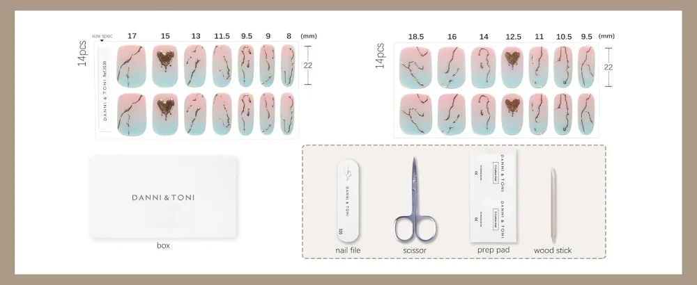 DANNI & TONI 28 Stickers Semi Cured Nail Wraps Soft Self-Adhesive Gel Nail Stickers(Aphrodite) Pink and Sky Blue Gradient with Golden Pattern - product information 10