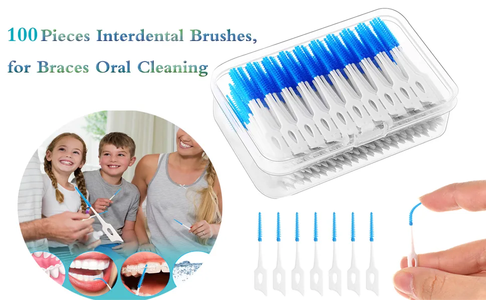 100 Pieces Dual-Use Interdental Brushes Silicone Dental Brushes Blue Tooth Floss Picks for Braces Oral Cleaning - product information 8