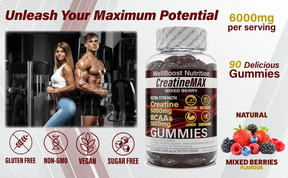 Creatine MAX 90 Chewable Vegan Gummies - 5000mg Creatine Monohydrate 600mg BCAAs per Serving - Sugar Free Strawberry & Banana Flavour (1 Month Supply) - CreatineMax