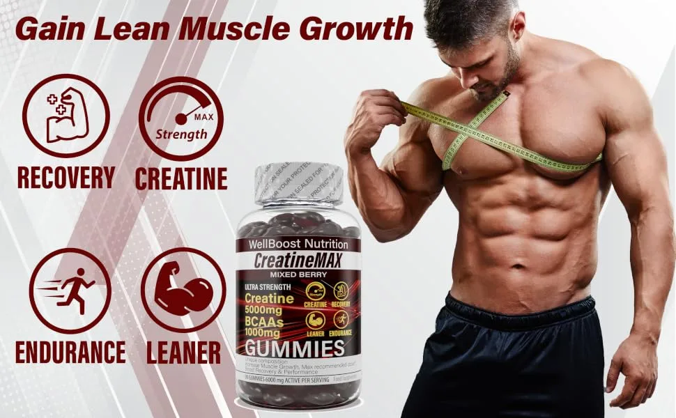 Creatine MAX 90 Chewable Vegan Gummies - 5000mg Creatine Monohydrate 600mg BCAAs per Serving - Sugar Free Strawberry & Banana Flavour (1 Month Supply) - CreatineMax