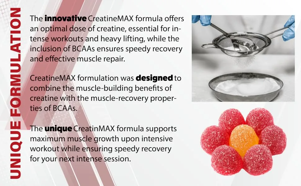 Creatine MAX 90 Chewable Vegan Gummies - 5000mg Creatine Monohydrate 600mg BCAAs per Serving - Sugar Free Strawberry & Banana Flavour (1 Month Supply) - CreatineMAX