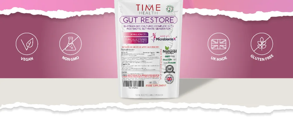 Time Health Gut Restore 30 Billion CFU Powerful 12 Strain Probiotic Formula Postbiotic Butyrate Generator MicroBiomeX Clinically Proven Advanced Bio Cultures Complex 60.0 count Pack of 1 - gut restore