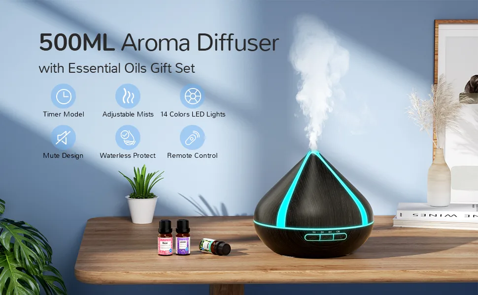 Diffusers 500ML with 8 Essential Oils Set Aromatherapy Diffusers Air Freshener Humidifiers with Remote Control 4 Timer and Waterless Auto-Off Cool Mist Humidifiers for Bedroom - B09WYMD5XM
