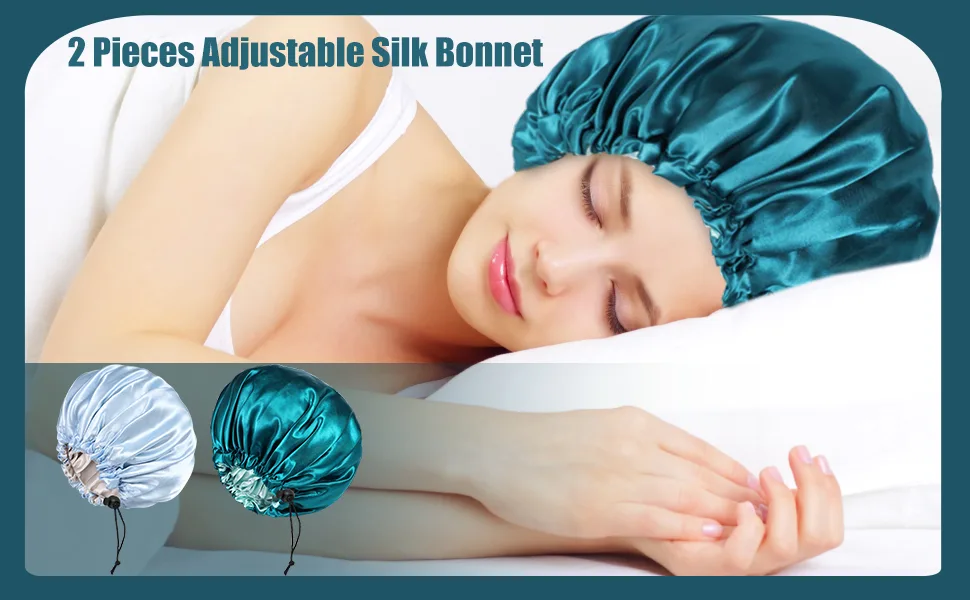 2 Pieces Adjustable Silk Bonnet 36cm Double Sided Satin Sleep Caps Night Sleep Hat for All Hair Lengths (Light Blue+Hole Blue) - product information 14
