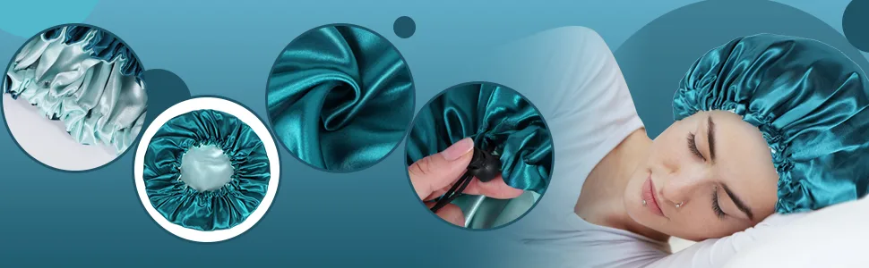 2 Pieces Adjustable Silk Bonnet 36cm Double Sided Satin Sleep Caps Night Sleep Hat for All Hair Lengths (Light Blue+Hole Blue) - product information 15
