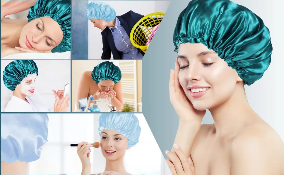 2 Pieces Adjustable Silk Bonnet 36cm Double Sided Satin Sleep Caps Night Sleep Hat for All Hair Lengths (Light Blue+Hole Blue) - product information 16