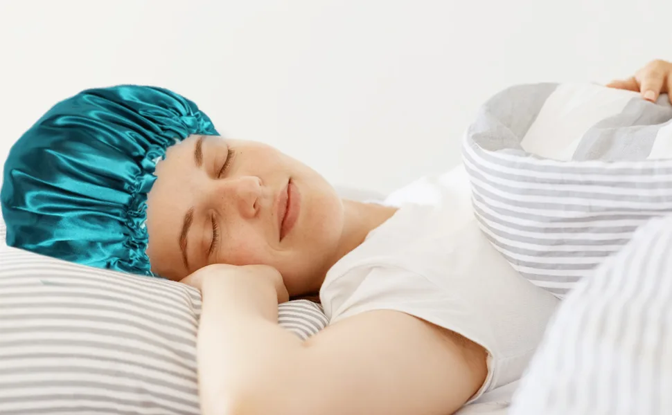 2 Pieces Adjustable Silk Bonnet 36cm Double Sided Satin Sleep Caps Night Sleep Hat for All Hair Lengths (Light Blue+Hole Blue) - product information 17