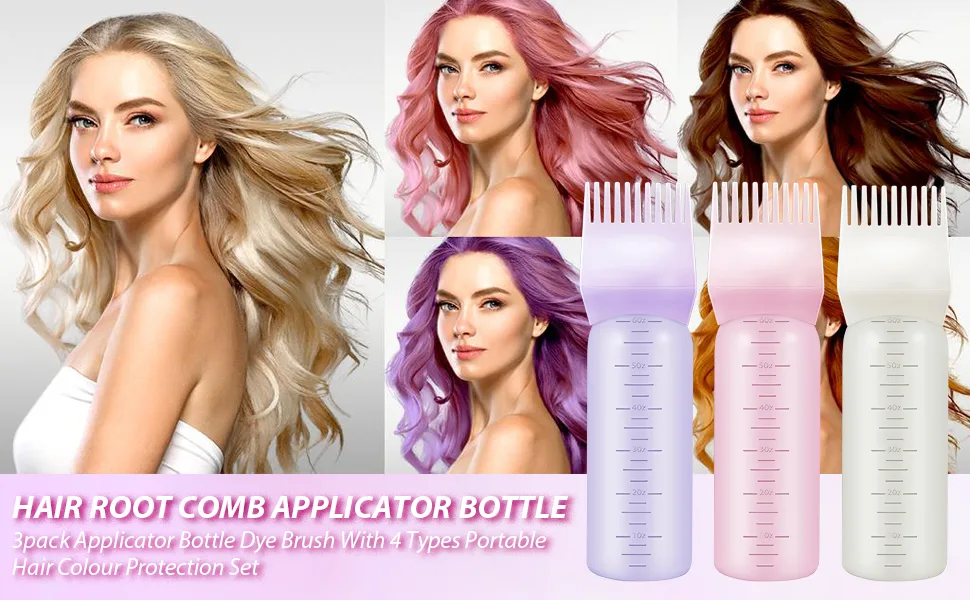 Root Comb Applicator Bottle DIYable 3Pcs Hair Dye Applicator Brush Hair Oil Applicator Bottle Set No Side Leakage Hair Tools Applicator 6OZ With Graduated Scale Multi-Coloured Applicator Bottle - Hair Oil Applicator Bottle