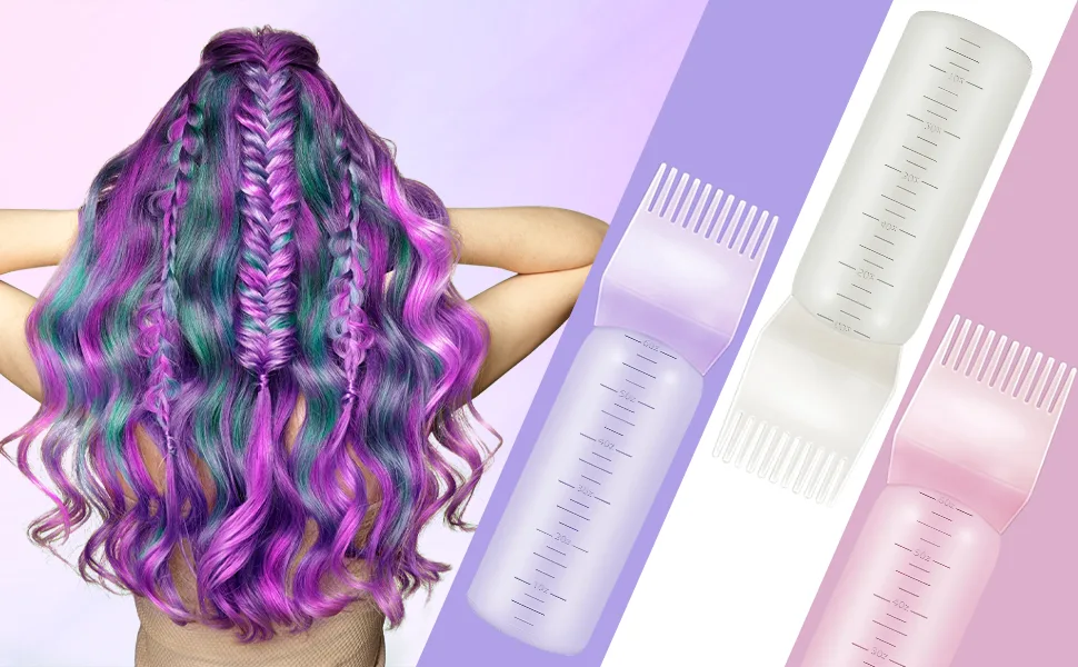 Root Comb Applicator Bottle DIYable 3Pcs Hair Dye Applicator Brush Hair Oil Applicator Bottle Set No Side Leakage Hair Tools Applicator 6OZ With Graduated Scale Multi-Coloured Applicator Bottle - Hair Oil Applicator Bottle