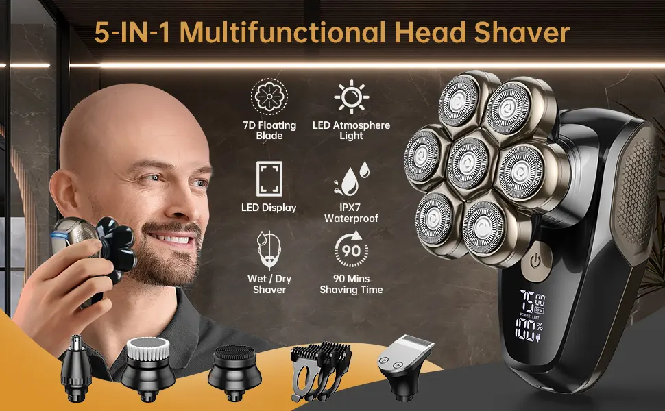 Head Shavers for Men Detachable Bald Head Shaver Type-C Easy Recharging with LED IPX7 Higher Waterproof Wet/Dry Grooming Kit for Head 100 Mins Longer Using Time - 7 in 1 multifunctional head shavers set