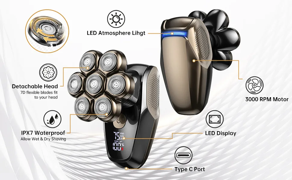 Head Shavers for Men Detachable Bald Head Shaver Type-C Easy Recharging with LED IPX7 Higher Waterproof Wet/Dry Grooming Kit for Head 100 Mins Longer Using Time - Upgraded 2.0 Magnetic 7D Electric Shavers for Men