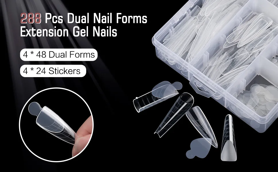 BNG 288 Pcs Dual Nail Forms Poly Nail Tips Extension 8 * 24 Dual Forms & 4 * 24 Stickers Transparent Acrylic Gel Dual Forms with Full Coverage 12 Sizes DIY Nail Art Salon Tool Mold Q-B - dual forms french forma sticker
