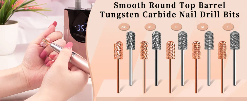Dill Bits for Nails 2 PCS 3/32'' Safety Nail Drill Bits Smooth Top Carbide Bits for Acrylic Soft Gel Medium Nail Bit Set for Manicure Pedicure Beginners Bits Rose Gold & Sky Grey (M) Medium-M - drill bits for nails