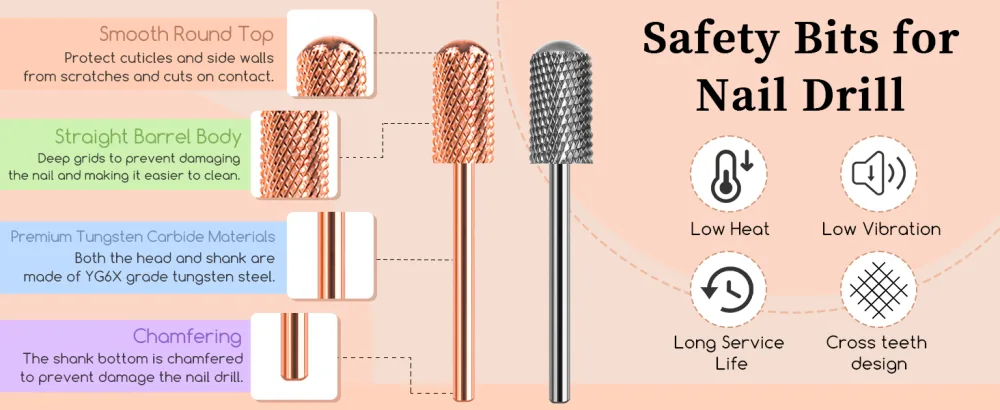 Dill Bits for Nails 2 PCS 3/32'' Safety Nail Drill Bits Smooth Top Carbide Bits for Acrylic Soft Gel Medium Nail Bit Set for Manicure Pedicure Beginners Bits Rose Gold & Sky Grey (M) Medium-M - Medium nail drill bits