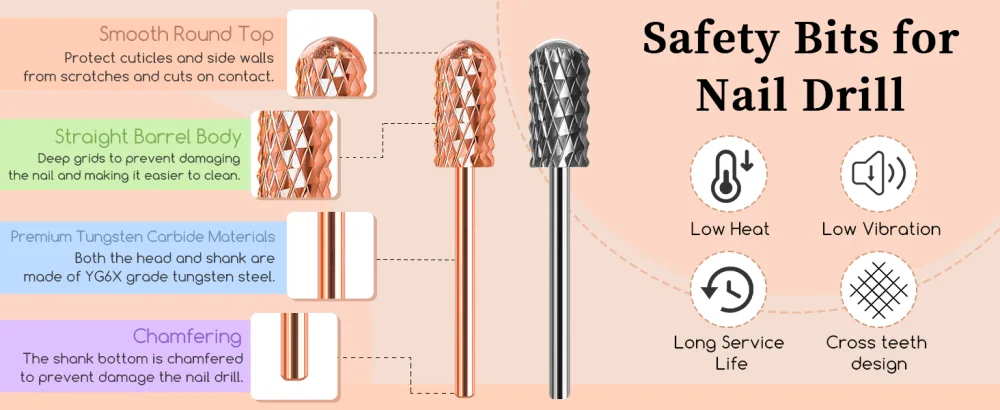 Nail Drill Bits 2 Pcs Safety Nail Bits for Nail Drill 3/32'' Tungsten Carbide Nail Drill Bit Smooth Round Top Large Barrel Bits Nail Supplies for Nail Tech to Remove Acrylic Nails (2XC) Double Coarse-2XC - 2 Extra Coarse nail drill bits