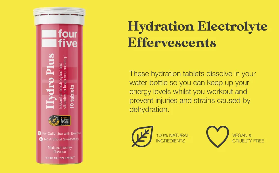 fourfive Hydrate Electrolytes - Essential Electrolytes & Vitamins with Magnesium & Calcium for Sports Hydration Vegan & Low Calorie Berry Flavour (10 Effervescent Tablets) - fourfive Hydro plus 10 pack - hydration electrolyte effervescents, vegan