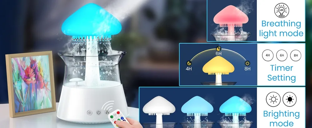 Diffuserlove Rain Cloud Humidifier Diffuser Water Drip Humidifier with Remote Waterfall Lamp Mushroom Humidifier Rain Sounds White Noise Humidifier Air Humidifiers for Bedroom Desk - humidifiser