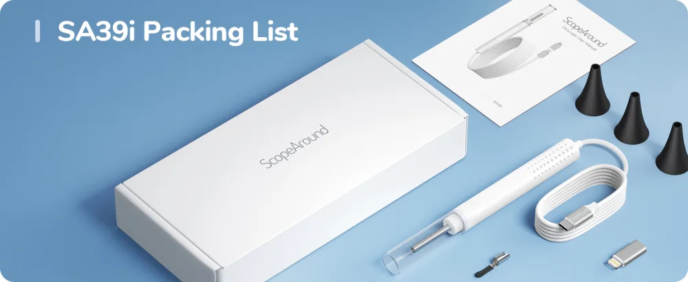 ScopeAround Otoscope for iPhone (No WiFi Needed) 3.9mm Ultra-Thin Ear Camera with 6 LED Lights Ear Wax Removal Kit Camera with Specula Protection Ear Wax Removal Tool Compatible with iPhone/Android - ear clean camera