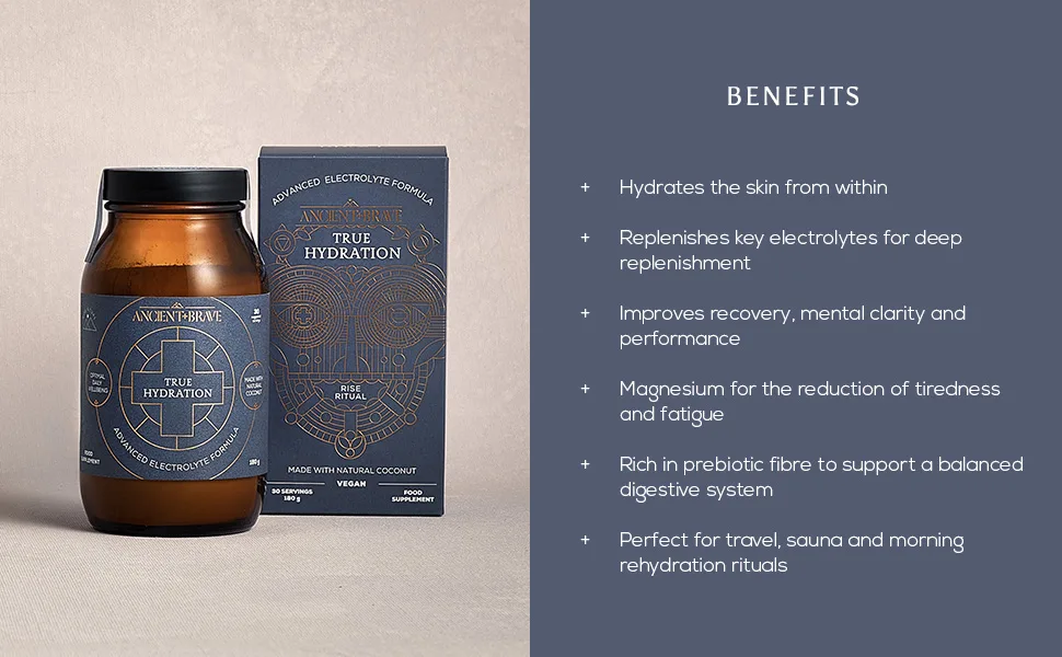 Ancient + Brave True Hydration 180g Jar - Electrolyte Formula with Magnesium Potassium and Chromium - for Morning Hydration Post Workout Recovery and Fasting Support - Natural Coconut Water Blend - hydrates skin from within, imporves recovery, mental clarity and performance