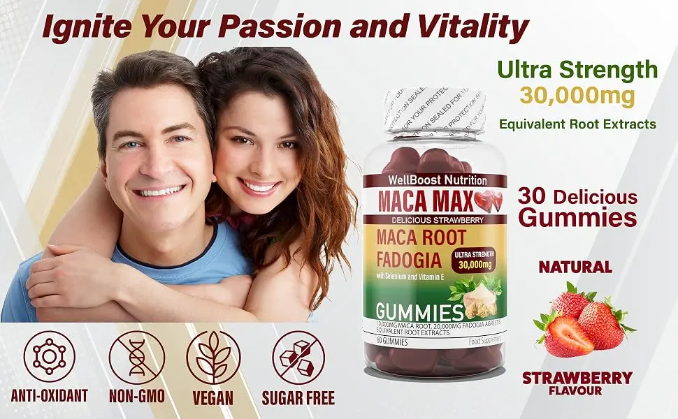Maca MAX -Ultra Strength (30 000mg Equivalent Extracts) Maca Root Fadogia Root Selenium VIT E 60 Chewable Vegan Sugar Free Gummies for Adults -2000 mg Active per Serving Strawberry Flavour. - Maca MAX