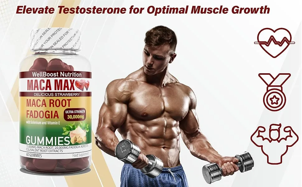 Maca MAX -Ultra Strength (30 000mg Equivalent Extracts) Maca Root Fadogia Root Selenium VIT E 60 Chewable Vegan Sugar Free Gummies for Adults -2000 mg Active per Serving Strawberry Flavour. - Maca MAX