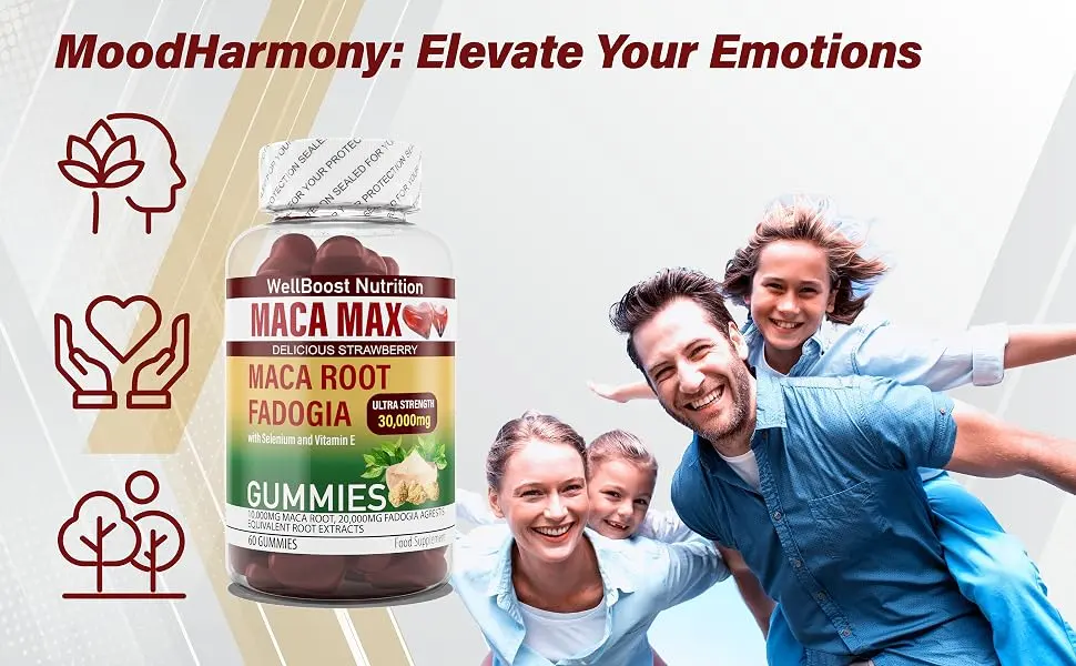 Maca MAX -Ultra Strength (30 000mg Equivalent Extracts) Maca Root Fadogia Root Selenium VIT E 60 Chewable Vegan Sugar Free Gummies for Adults -2000 mg Active per Serving Strawberry Flavour. - Maca MAX