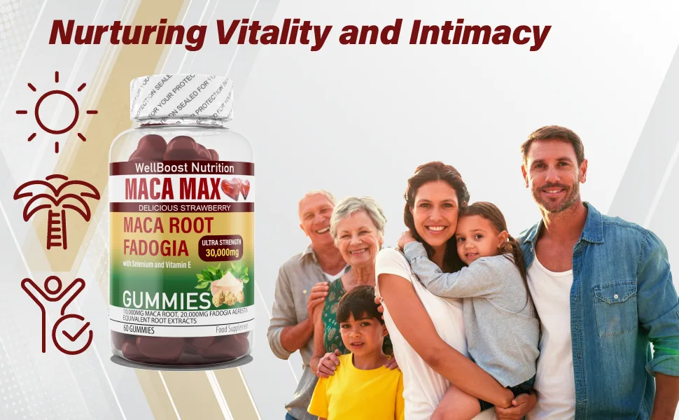 Maca MAX -Ultra Strength (30 000mg Equivalent Extracts) Maca Root Fadogia Root Selenium VIT E 60 Chewable Vegan Sugar Free Gummies for Adults -2000 mg Active per Serving Strawberry Flavour. - Maca MAX