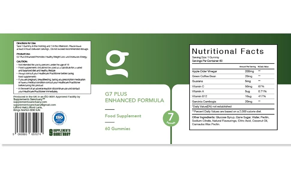 G7 Plus Greens Gummies Supports Healthy Weight Loss (60 Gummies)-Green 7 Formula - product information 16