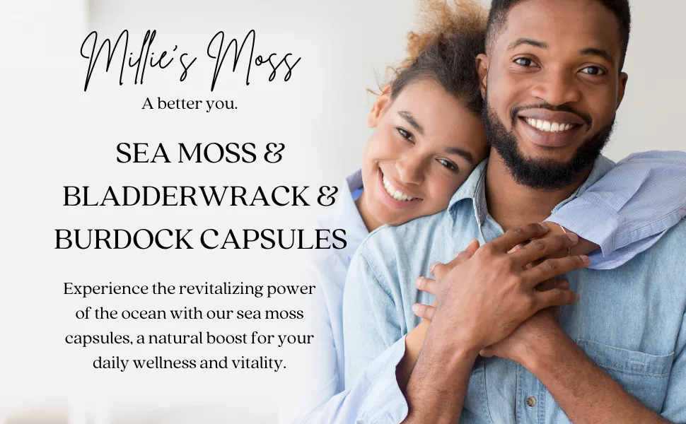 Sea Moss Capsules with Bladderwrack & Burdock | 60 Capsules | 1200mg | Caribbean Sea Moss | Non GMO | Vegan | - Sea moss and bladderwrack capsules WITH A HAPPY COUPLE