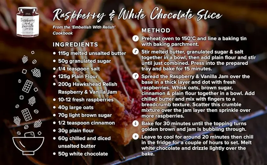 Hawkshead Relish Cheeseboard Chutney 200g - A bakes raspberry slice with white chocolate drizzled on top with the recipe in text overlayed