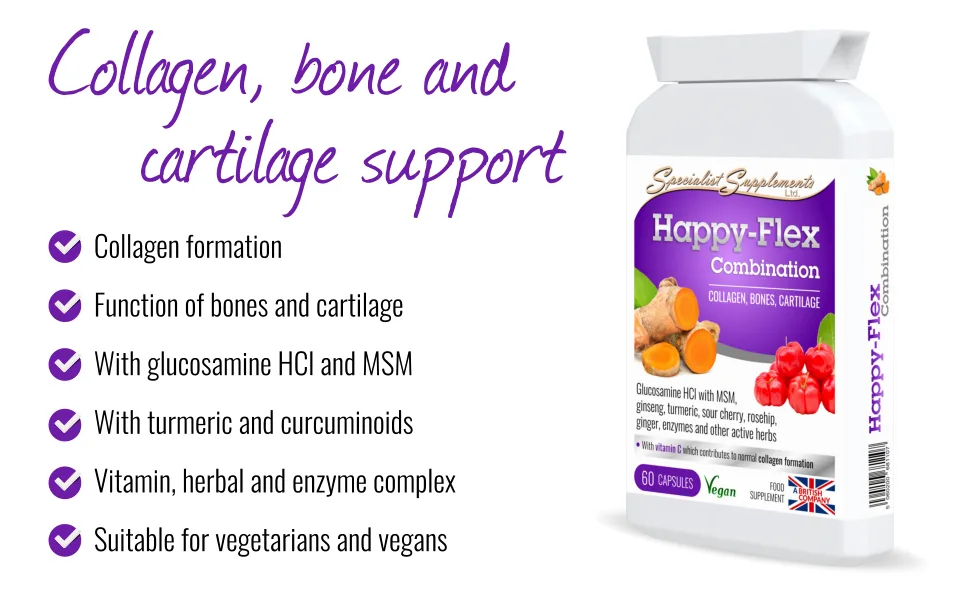 Specialist Supplements Happy-Flex Combination 60 Capsules - bone supplement, joint supplement, cartilage, collagen, bones, curcumin, glucosamine HCL, MSM, herbs