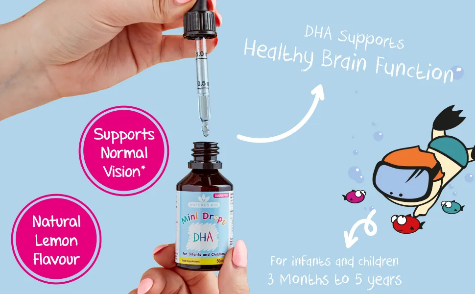 Natures Aid DHA Omega-3 Mini Drops for Infants and Children Sugar Free 50 ml - mini drops dha drops, omega 3 drops for children, kids omega 3, omega 3 for babies