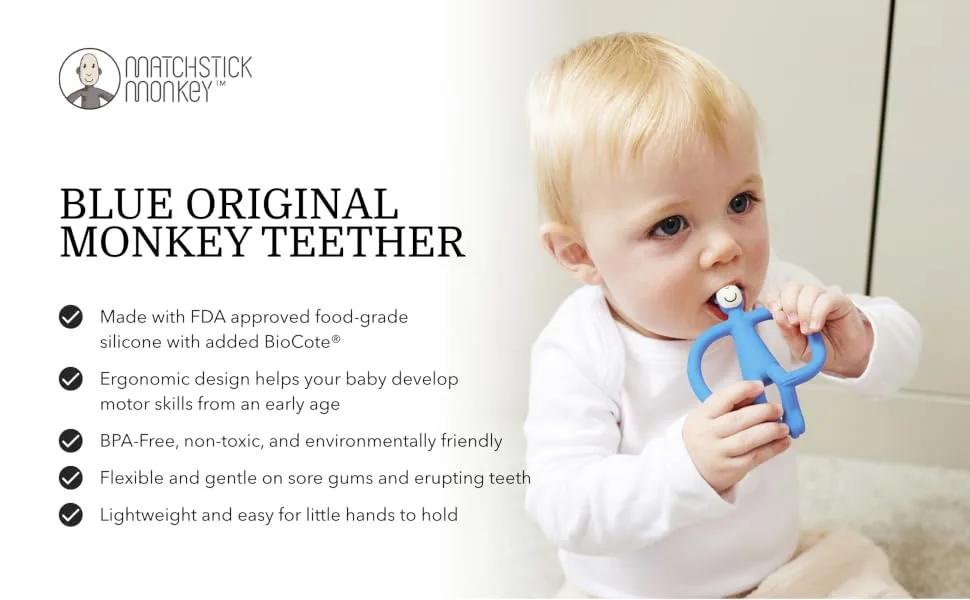Matchstick Monkey Original Teether & Gel Applicator Silicone Easy To Grip BPA Free 3 Months Old+ 10.5 cm Blue Monkey Blue Monkey 3 Months Old+ 1 Original Monkey Teether - OMTB