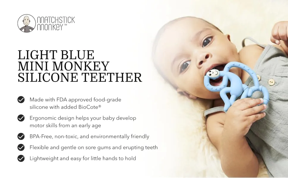 Matchstick Monkey Antimicrobial Silicone Teether Easy To Grip BPA Free 3 Months Old+ 10 cm Light Blue Mini Monkey Light Blue Monkey 3 Months Old+ 1 Mini Monkey Teether - MMLB