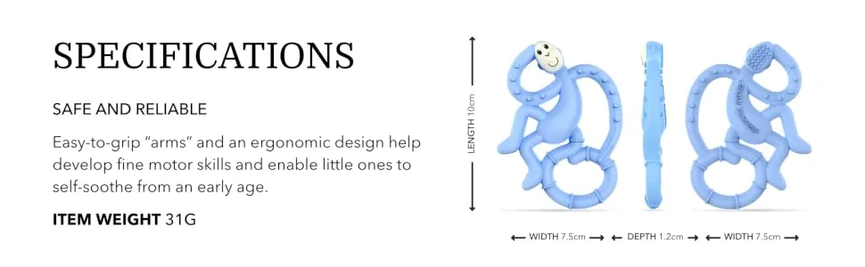 Matchstick Monkey Antimicrobial Silicone Teether Easy To Grip BPA Free 3 Months Old+ 10 cm Light Blue Mini Monkey Light Blue Monkey 3 Months Old+ 1 Mini Monkey Teether - MMLB6