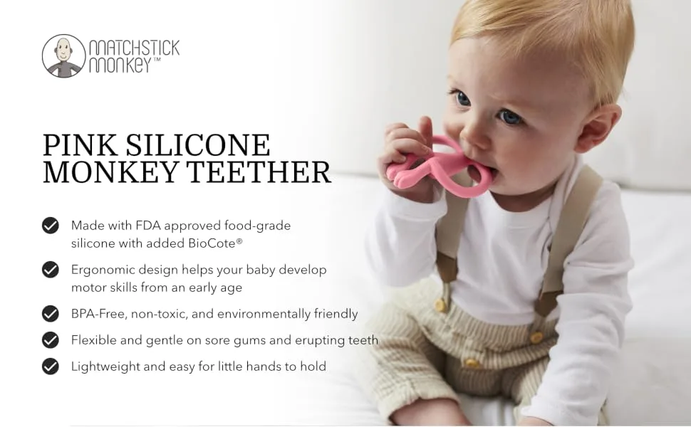 Matchstick Monkey Antimicrobial Silicone Teether & Gel Applicator Easy To Grip BPA Free 3 Months Old+ 11 cm Pink Monkey Pink Monkey 3 Months Old+ 1 Monkey Teether - product information 1